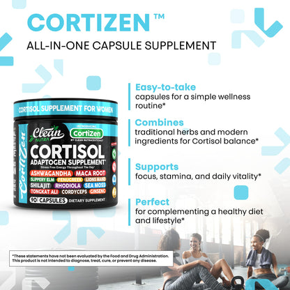 Clean Nutra Cortisol Supplements For Women | Maca Root Ashwagandha Cortisol Detox Manager Reducer + Slippery Elm Fenugreek Lions Mane Shilajit Rhodiola Sea Moss Tongkat Ali Cordyceps Ginseng Beet Root