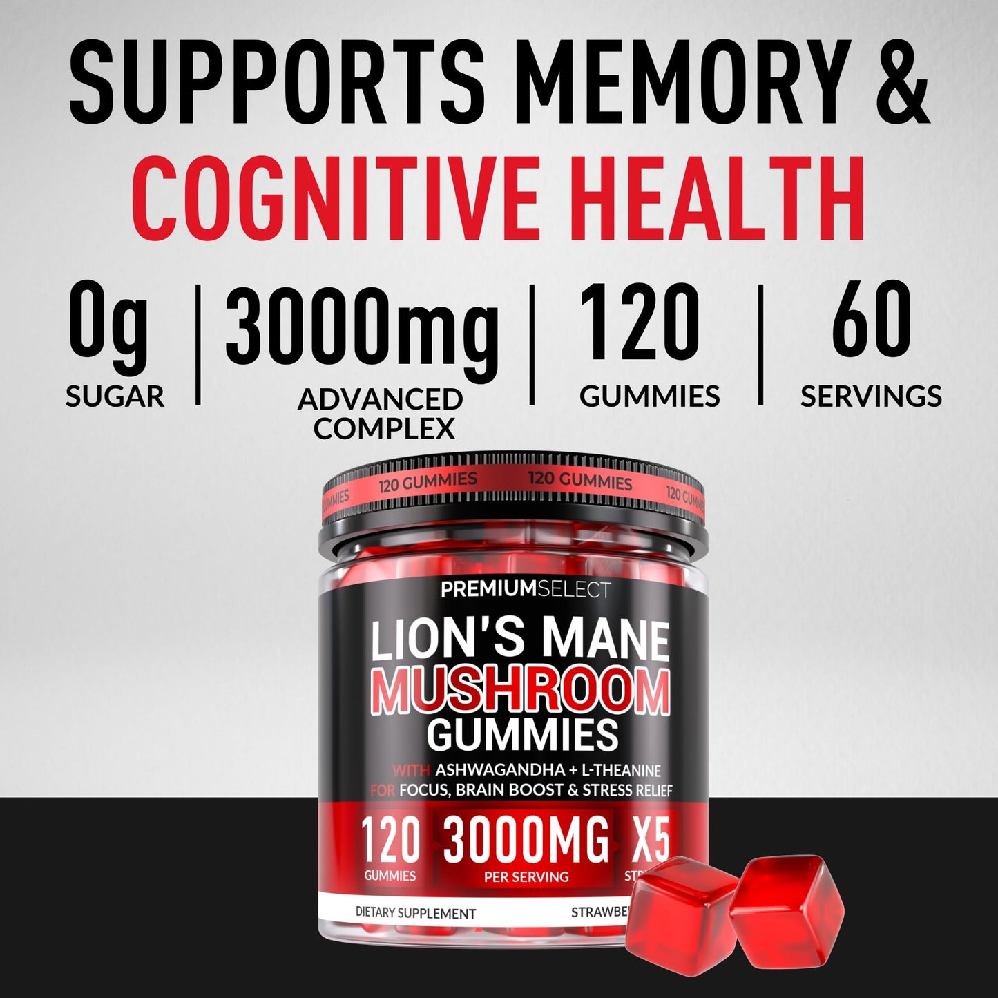 Lions Mane Gummies Sugar Free – 120 Gummies for Clarity & Brain Support