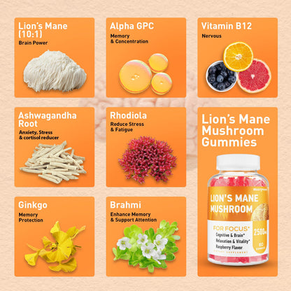 Lions Mane Gummies with Ashwagandha & Alpha GPC – Organic Lion's Mane, 60 Count
