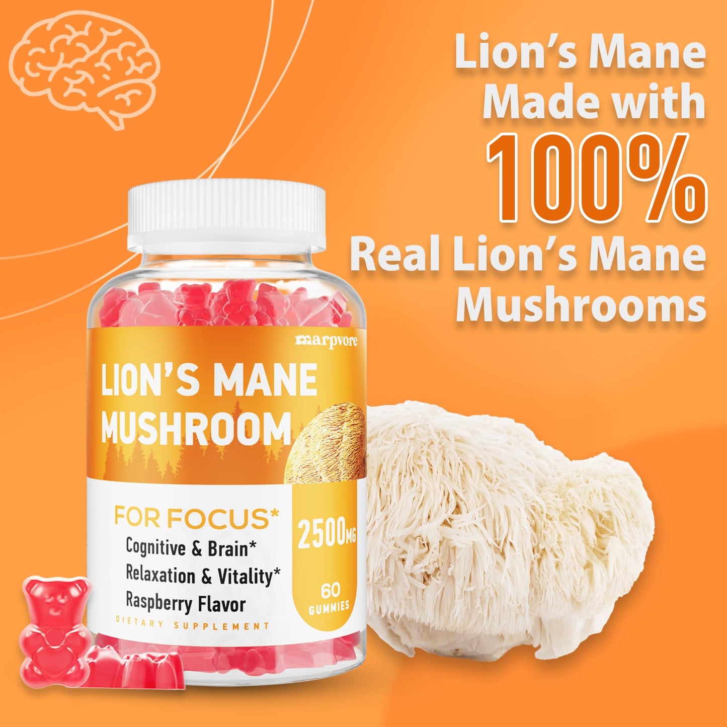 Lions Mane Gummies with Ashwagandha & Alpha GPC – Organic Lion's Mane, 60 Count