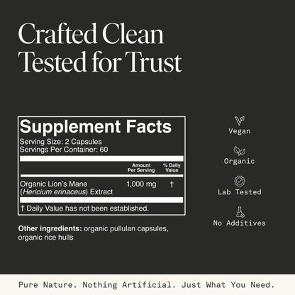 Lions Mane Mushroom Capsules – Memory, Focus & Mood Support | USDA Organic, Vegan, 120 Caps