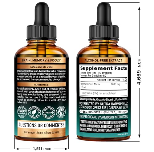Lions Mane Liquid - USDA Organic Lion's Mane Supplement for Brain Support, Memory & Focus – 72,000 mg / Bottle, 2 fl oz