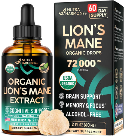Lions Mane Liquid - USDA Organic Lion's Mane Supplement for Brain Support, Memory & Focus – 72,000 mg / Bottle, 2 fl oz