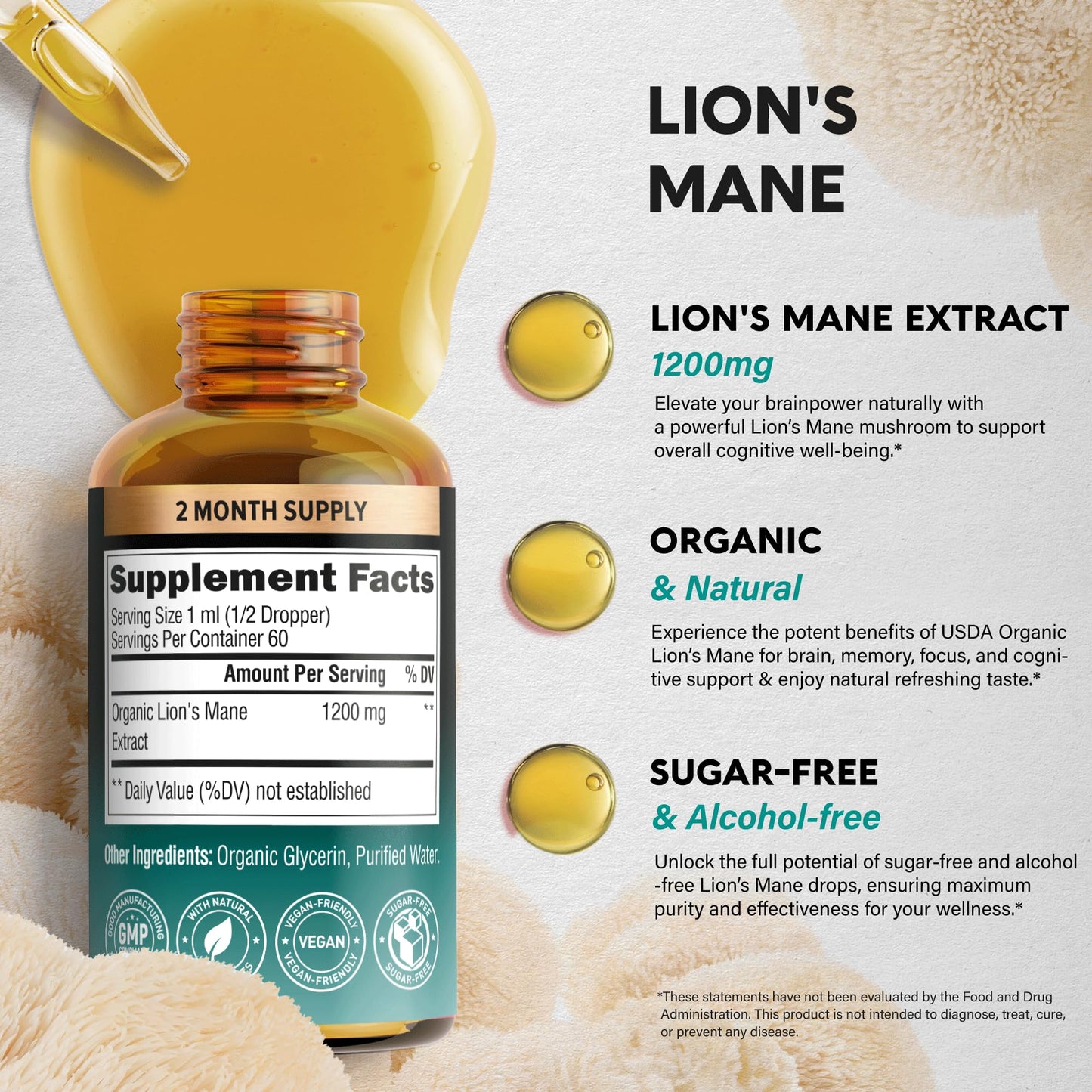 Lions Mane Liquid - USDA Organic Lion's Mane Supplement for Brain Support, Memory & Focus – 72,000 mg / Bottle, 2 fl oz