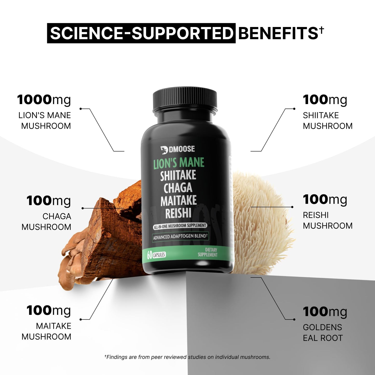 Lions Mane Mushroom Complex 5300 mg | 5-in-1 Adaptogenic Blend for Memory, Focus & Immune Support