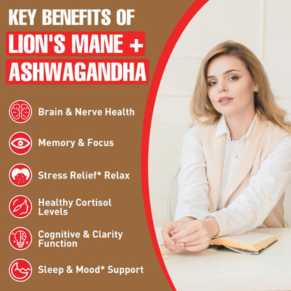Ashwagandha & Lions Mane Capsules for Brain, Memory & Focus | 90 Capsules