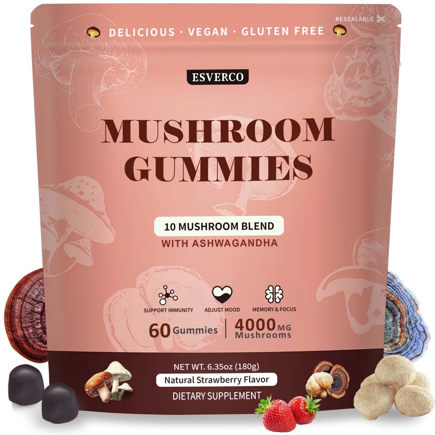 Lions Mane Mushroom Gummies with Ashwagandha | 4000mg 10-Mushroom Complex | 60 Count