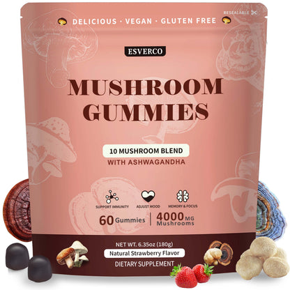 Lions Mane Mushroom Gummies with Ashwagandha | 4000mg 10-Mushroom Complex | 60 Count