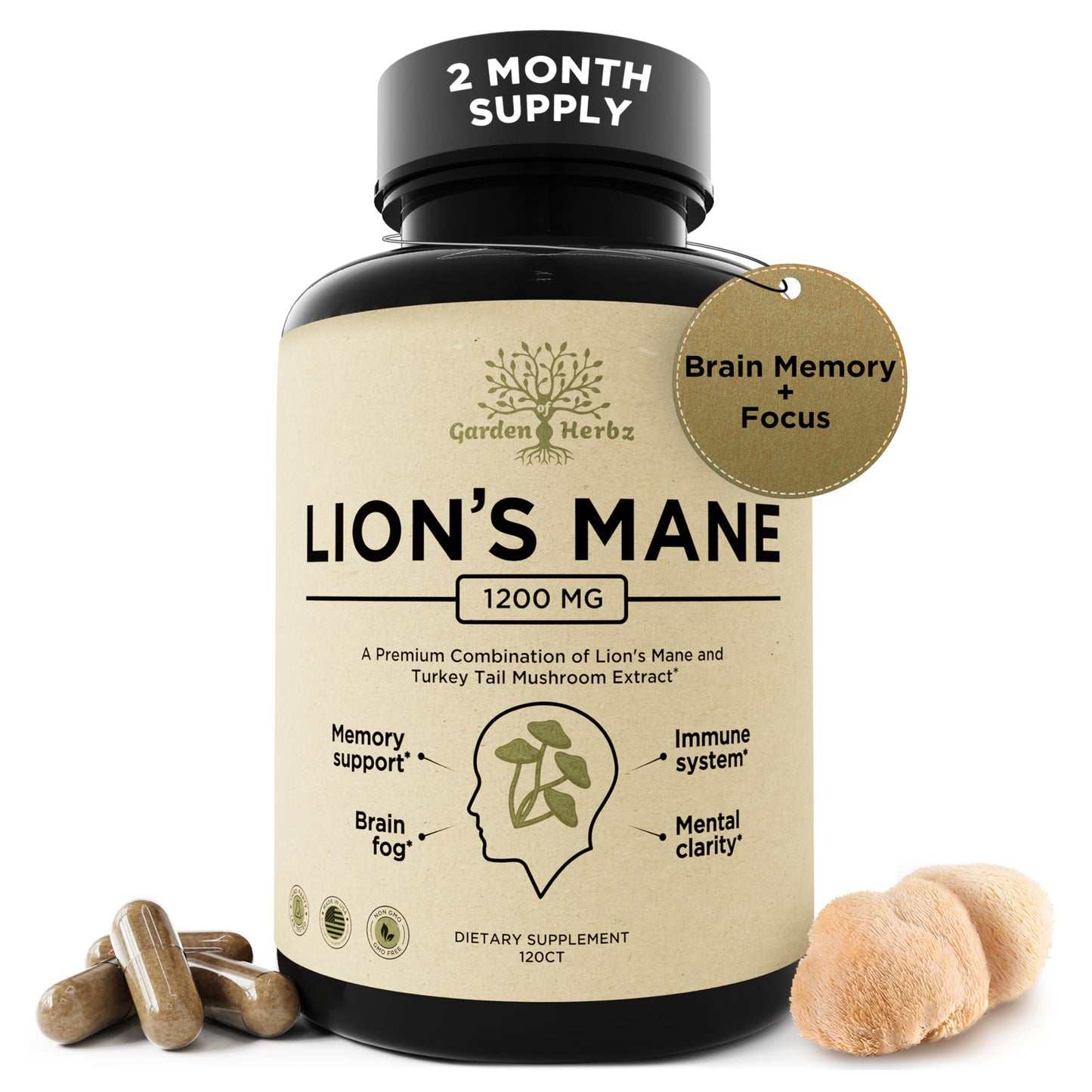 Lions Mane + Turkey Tail Capsules – 1200 Mg Lion's Mane, Non-GMO, 120 Caps | Nootropic Brain Support