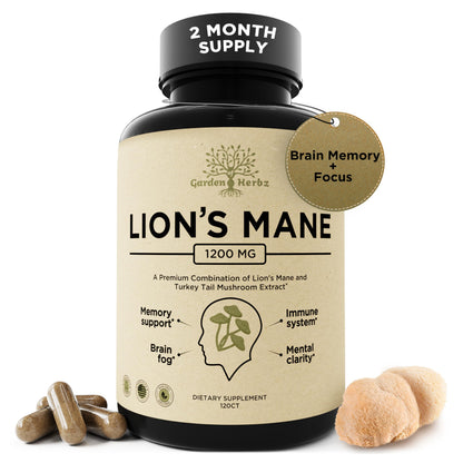 Lions Mane + Turkey Tail Capsules – 1200 Mg Lion's Mane, Non-GMO, 120 Caps | Nootropic Brain Support