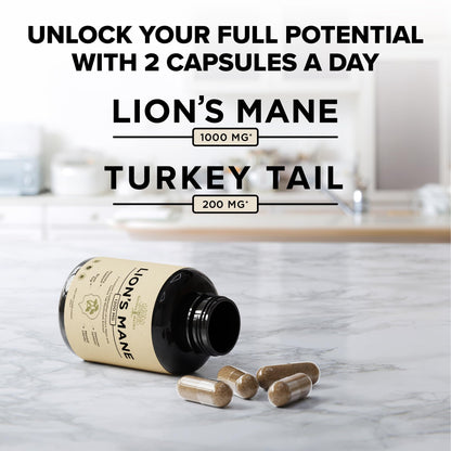 Lions Mane + Turkey Tail Capsules – 1200 Mg Lion's Mane, Non-GMO, 120 Caps | Nootropic Brain Support