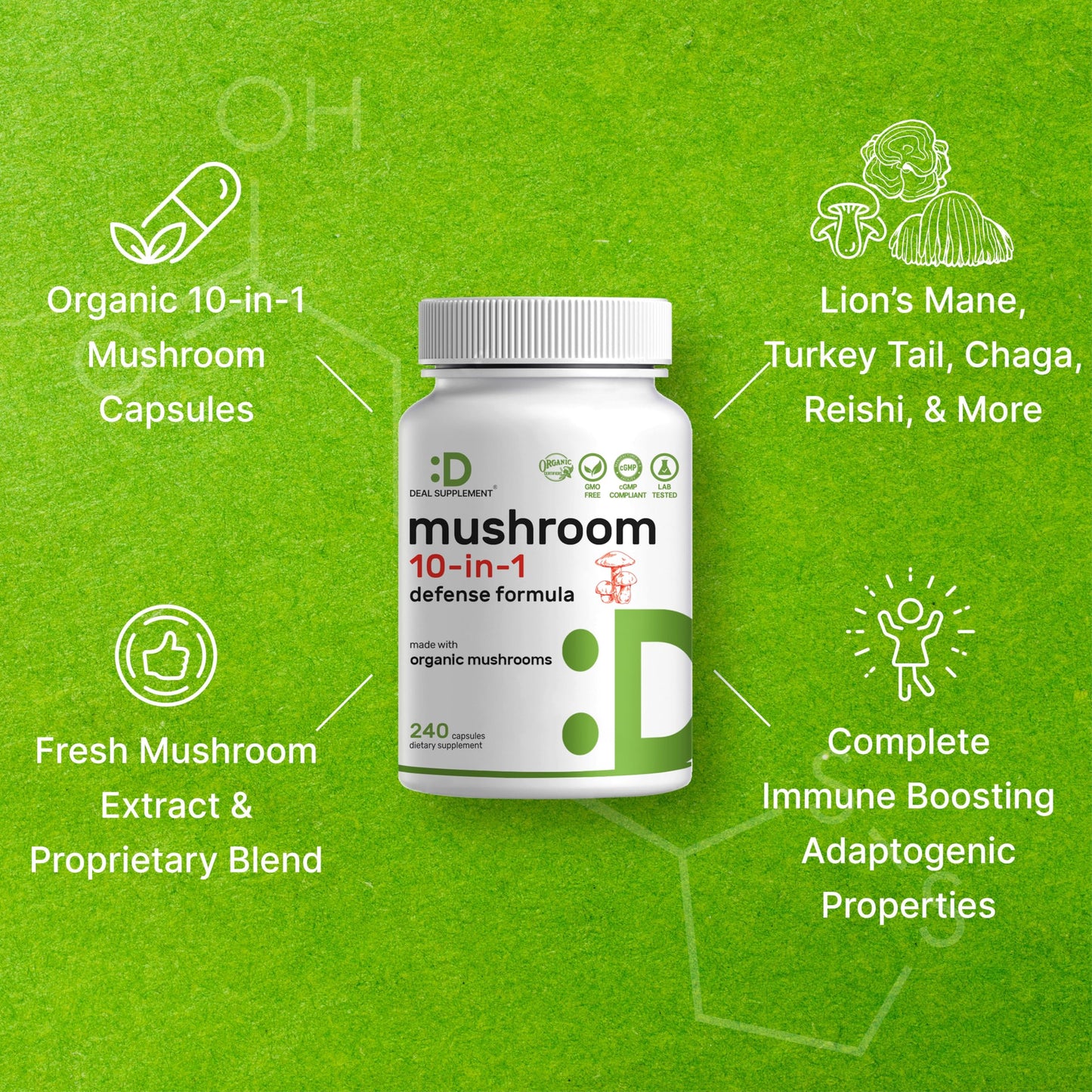 Organic 10-in-1 Mushroom Supplement – 240 Capsules – Immune & Nootropic Support (Non-GMO)