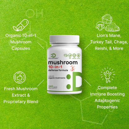 Organic 10-in-1 Mushroom Supplement – 240 Capsules – Immune & Nootropic Support (Non-GMO)
