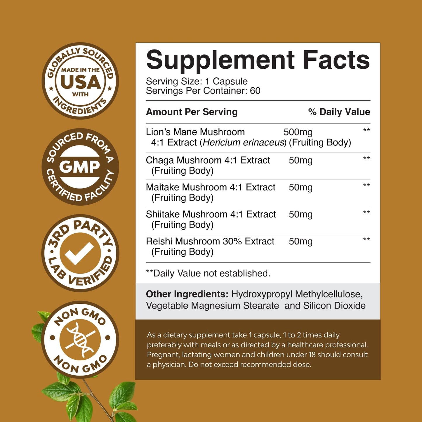 Advanced Lion's Mane Mushroom Supplement with Reishi, Chaga, Maitake & Shiitake – Brain Health, Memory & Focus - 60 Caps