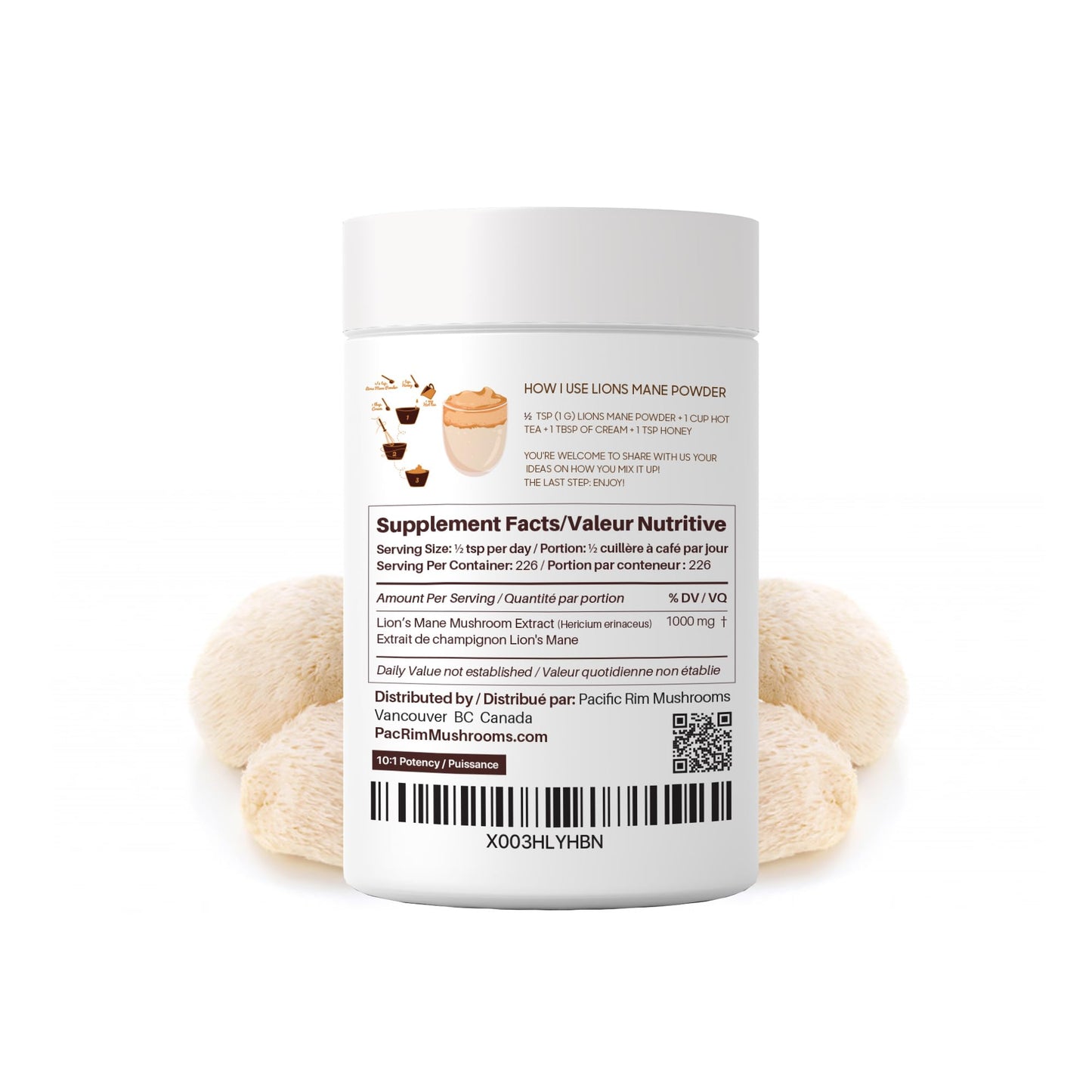 Pacific Rim Mushrooms Lions Mane Supplement Powder Ultra Strength 10:1 Organic Lions Mane Mushroom Supporting Memory, Cognition, Brain Health, 8 Ounces / 226 Servings