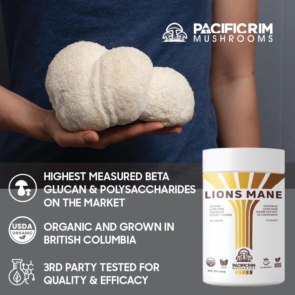 Pacific Rim Mushrooms Lions Mane Supplement Powder Ultra Strength 10:1 Organic Lions Mane Mushroom Supporting Memory, Cognition, Brain Health, 8 Ounces / 226 Servings