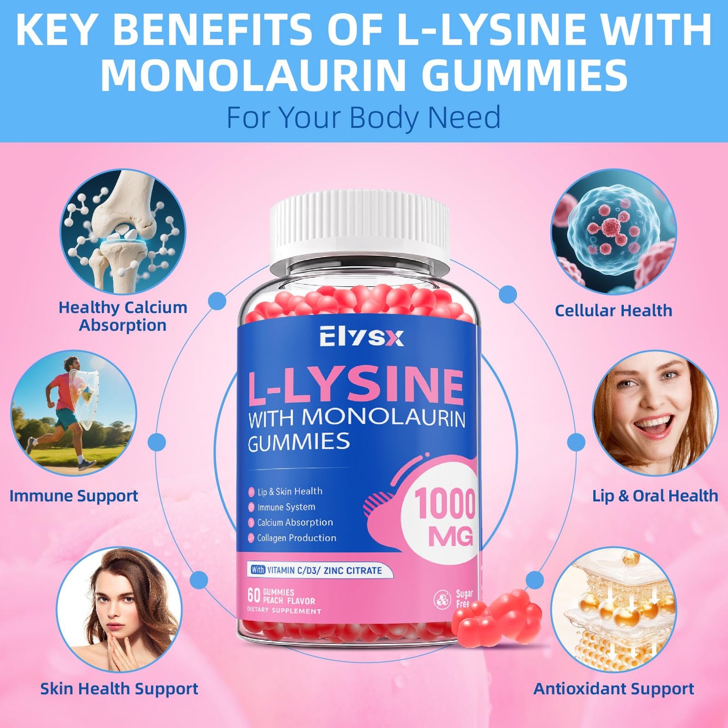 L-Lysine Gummies 1000mg with Monolaurin – Sugar-Free Peach Immune Support (60 Count)
