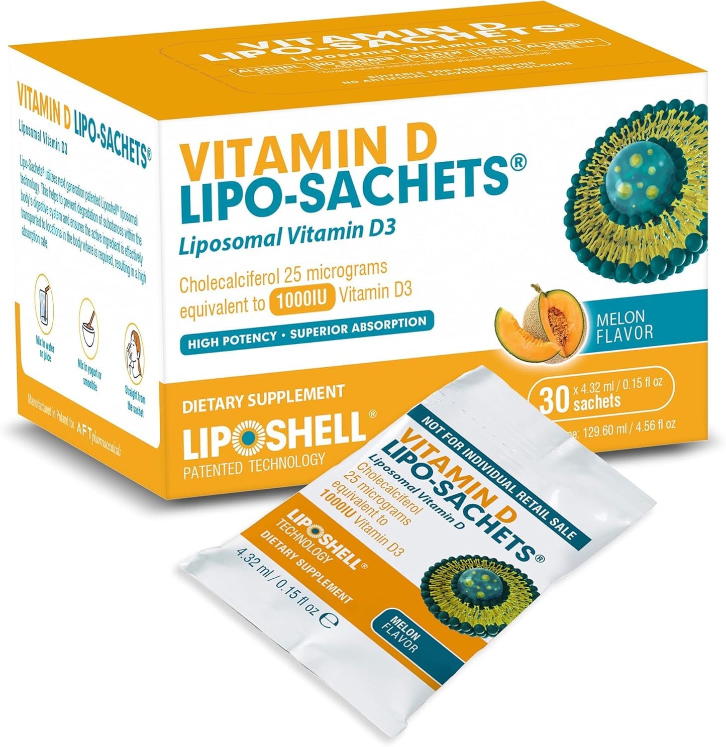 Lipo-Sachets Liposomal Vitamin D3 – 1000IU per Serving, Immune Support, High Absorption, GMO Free, 30 Packets