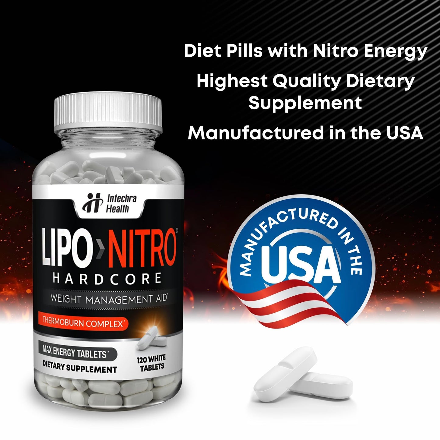 LipoNitro Thermo-Burn Diet Pills with Nitro Energy – 120 White Tablets | Made in USA