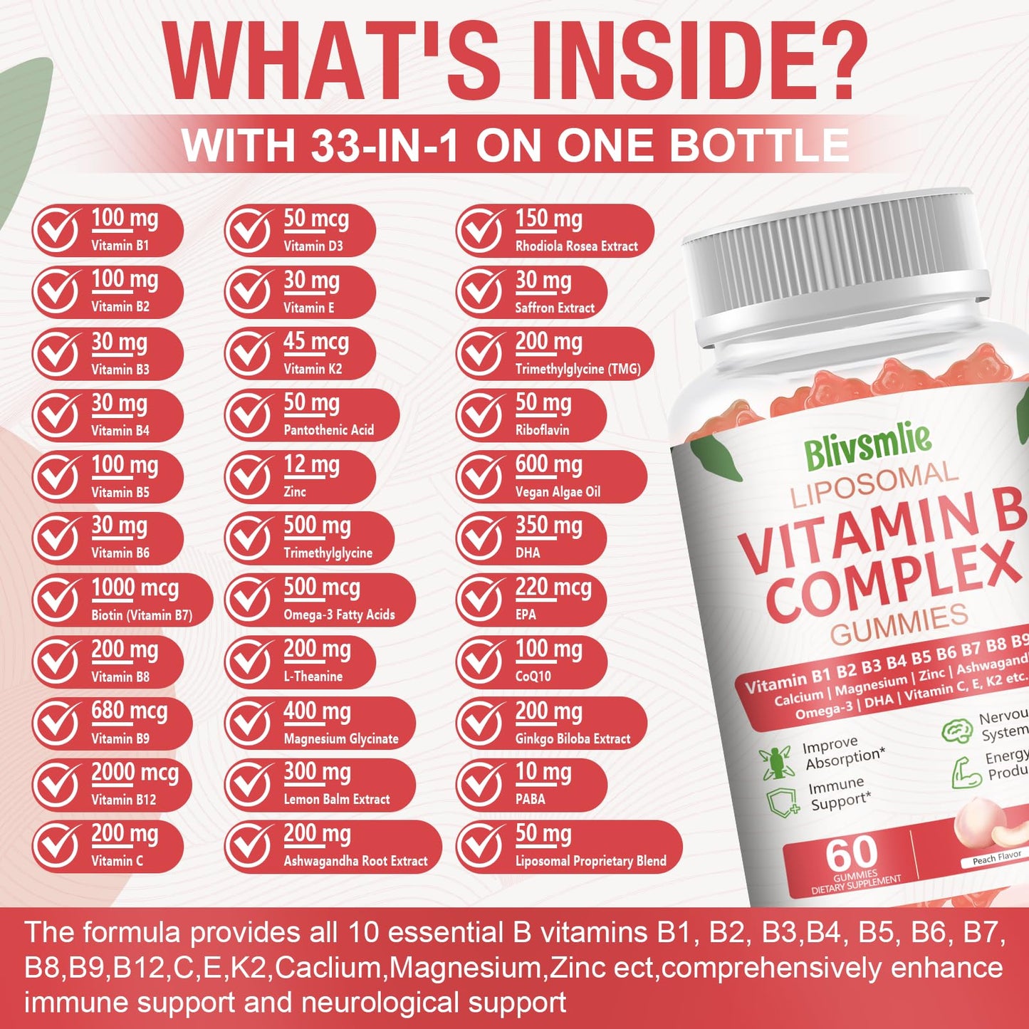 33-In-1 Liposomal Vitamin B Complex Gummies – B1 to B12 + C, D3 & K2 | Energy, Immunity & Heart Support