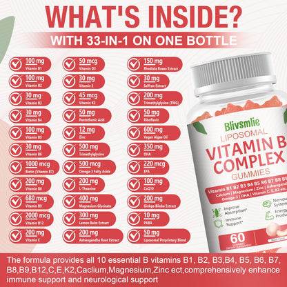 33-In-1 Liposomal Vitamin B Complex Gummies – B1 to B12 + C, D3 & K2 | Energy, Immunity & Heart Support