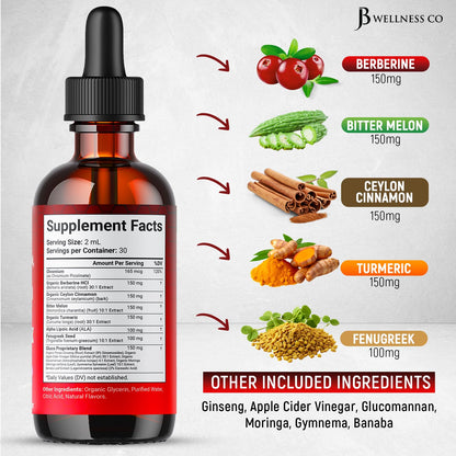 Berberine with Ceylon Cinnamon Liquid Drops 2 OZ | Bitter Melon, Glucomannan, Gymnema & More