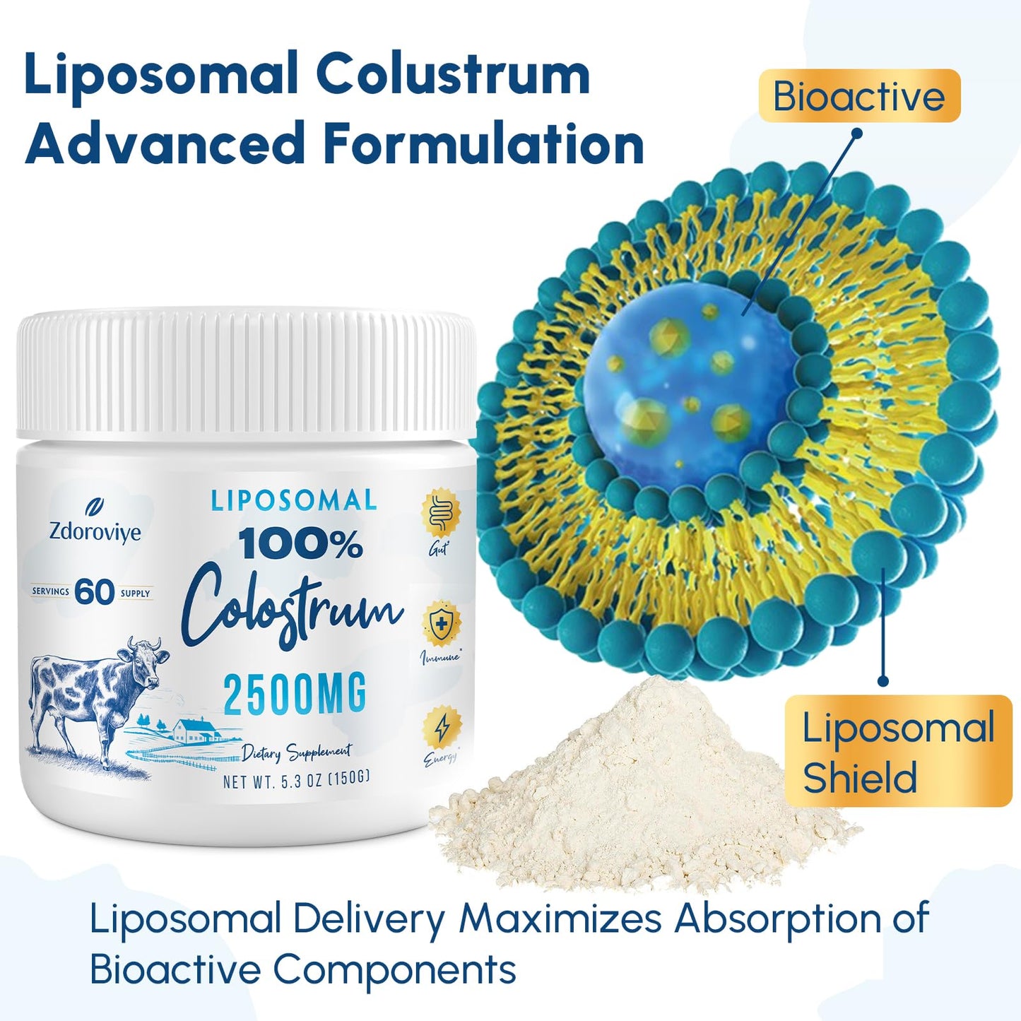 Liposomal Bovine Colostrum Powder 2500 mg | 60 Servings | Higher Absorption