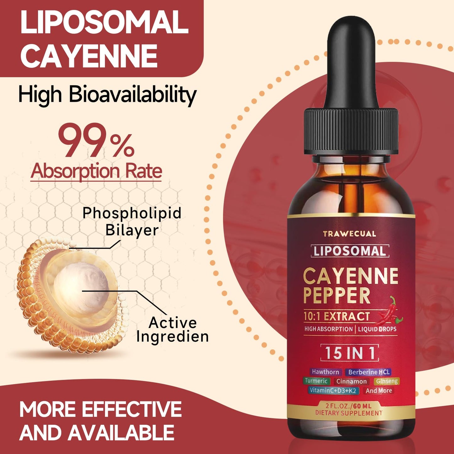 Liposomal Cayenne Pepper Liquid Drops – 15-in-1 Formula with D3, K2, Berberine for Circulation, Metabolism & Digestion | 1 fl oz