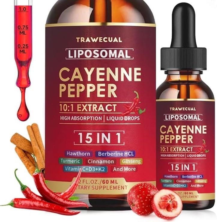 15-in-1 Liposomal Cayenne Pepper Drops with Vitamin D3 & K2 – Circulation & Digestion Support, 2 oz