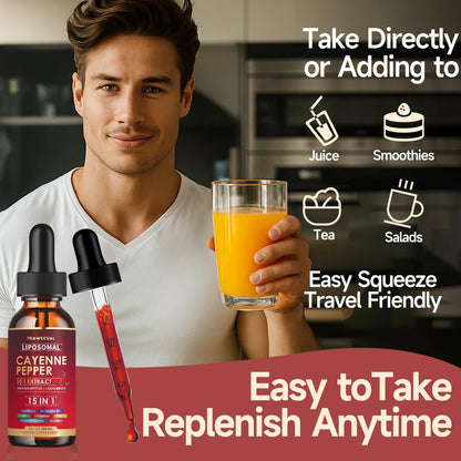 15-in-1 Liposomal Cayenne Pepper Drops with Vitamin D3 & K2 – Circulation & Digestion Support, 2 oz