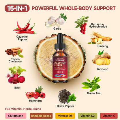 15-in-1 Liposomal Cayenne Pepper Drops with Vitamin D3 & K2 – Circulation & Digestion Support, 2 oz
