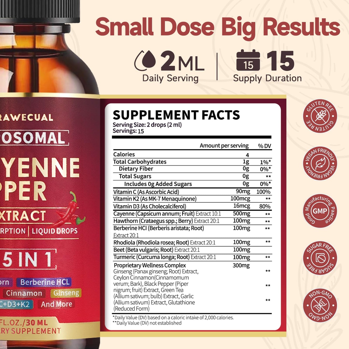 Liposomal Cayenne Pepper Liquid Drops – 15-in-1 Formula with D3, K2, Berberine for Circulation, Metabolism & Digestion | 1 fl oz
