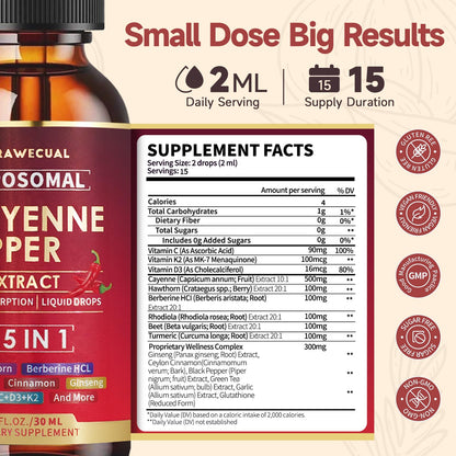 Liposomal Cayenne Pepper Liquid Drops – 15-in-1 Formula with D3, K2, Berberine for Circulation, Metabolism & Digestion | 1 fl oz