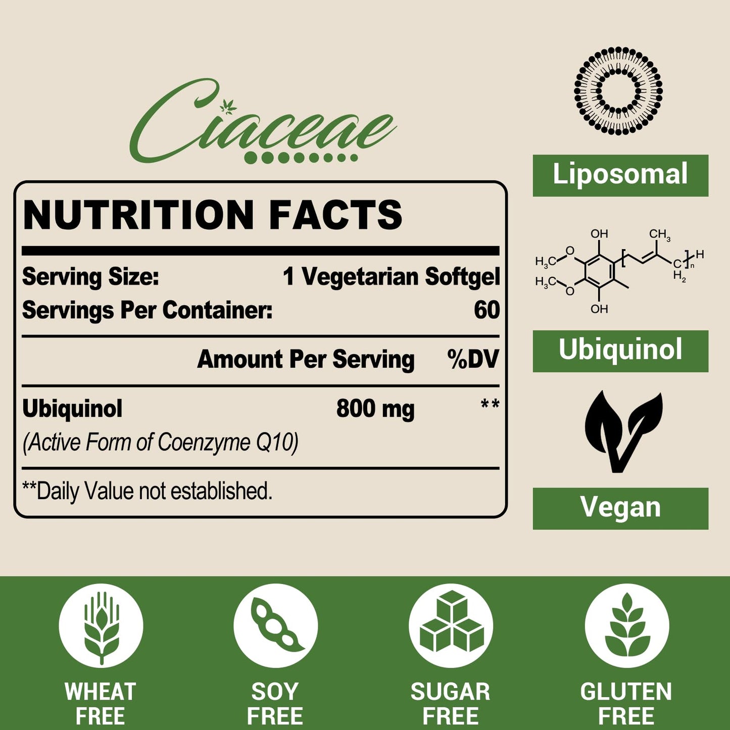 Liposomal CoQ10 800mg Ubiquinol Softgel, Max Absorption Ubiquinol CoQ10, Ubiquinol CoQ10 Supplement for Antioxidant, Heart Function & Energy Production, Pure CoQ10 800mg, 60 Vegan Softgels