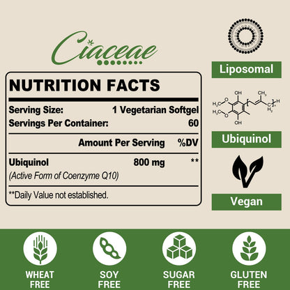 Liposomal CoQ10 800mg Ubiquinol Softgel, Max Absorption Ubiquinol CoQ10, Ubiquinol CoQ10 Supplement for Antioxidant, Heart Function & Energy Production, Pure CoQ10 800mg, 60 Vegan Softgels