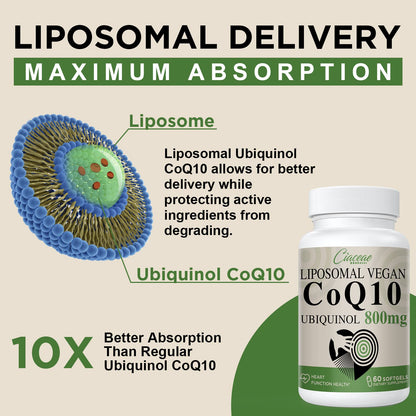 Liposomal CoQ10 800mg Ubiquinol Softgel, Max Absorption Ubiquinol CoQ10, Ubiquinol CoQ10 Supplement for Antioxidant, Heart Function & Energy Production, Pure CoQ10 800mg, 60 Vegan Softgels