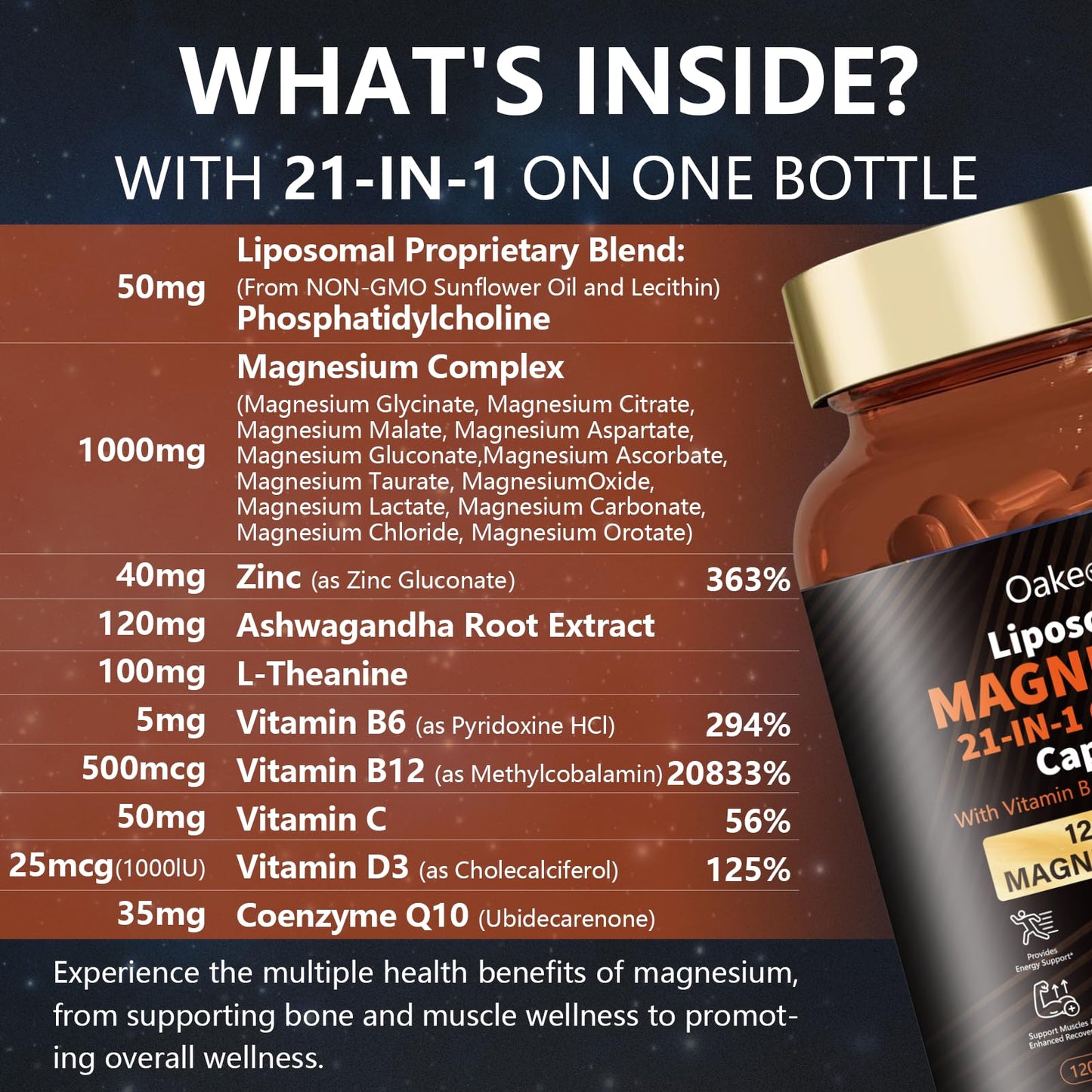 21-in-1 Liposomal Magnesium Complex 1400mg | 12 Forms + D3, B6, B12, Ashwagandha & CoQ10