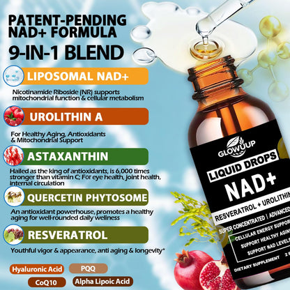 NAD+ Liquid Drops with Urolithin A – Extra Strength Liposomal NAD Supplement for Women & Men | CoQ10, Resveratrol, Alpha Lipoic Acid & Astaxanthin