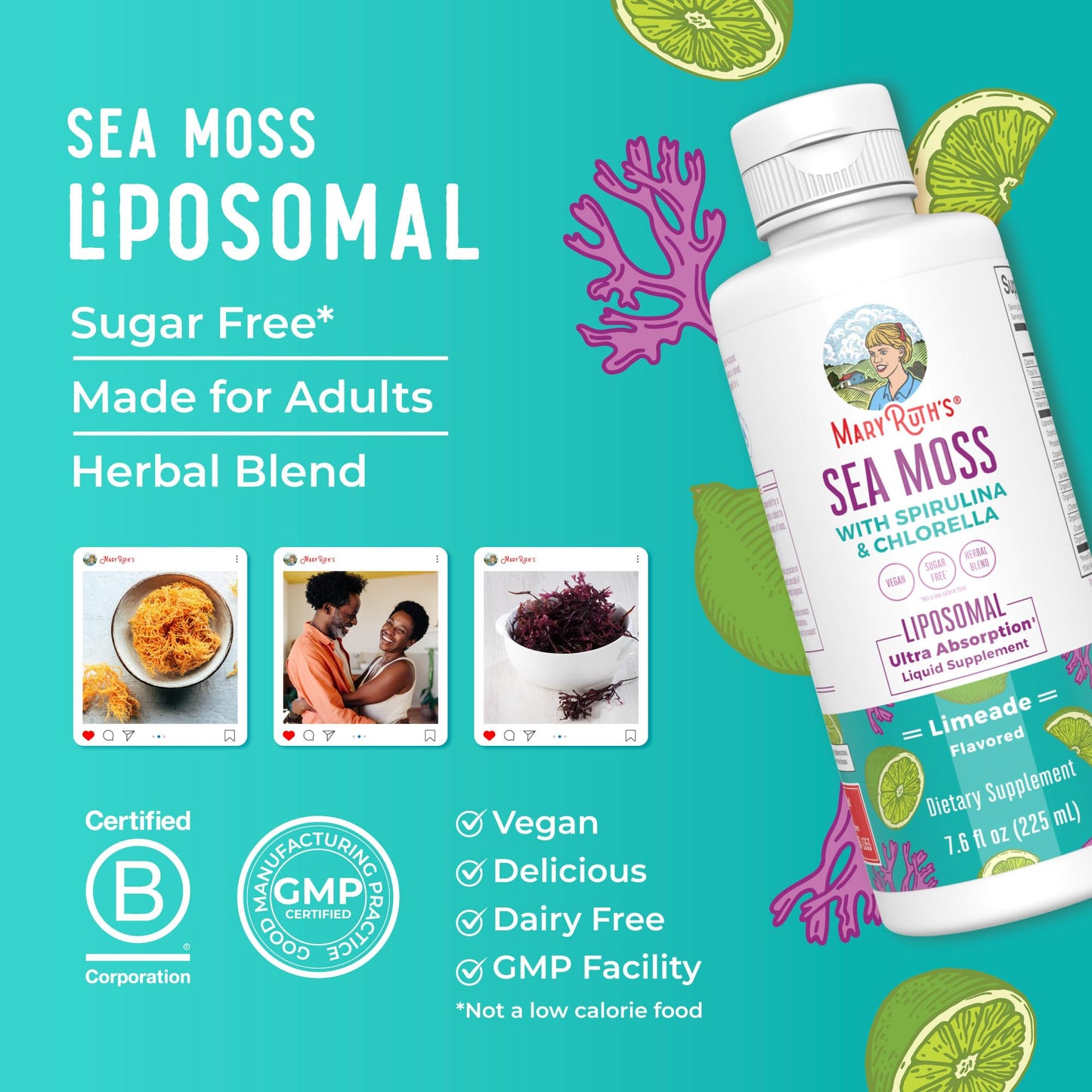MaryRuth Organics Sea Moss with Spirulina and Chlorella Liposomal | Chlorophyll | Dandelion Root | Superfood | Ultra Absorption | Vegan | Non-GMO | Gluten Free | 7.6 fl oz | 15 Servings