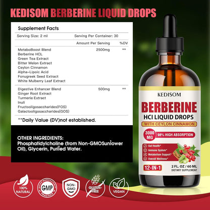 12-in-1 Berberine Liquid Drops – 2 Fl Oz, 3000mg Liposomal Berberine HCL with Cinnamon & Turmeric