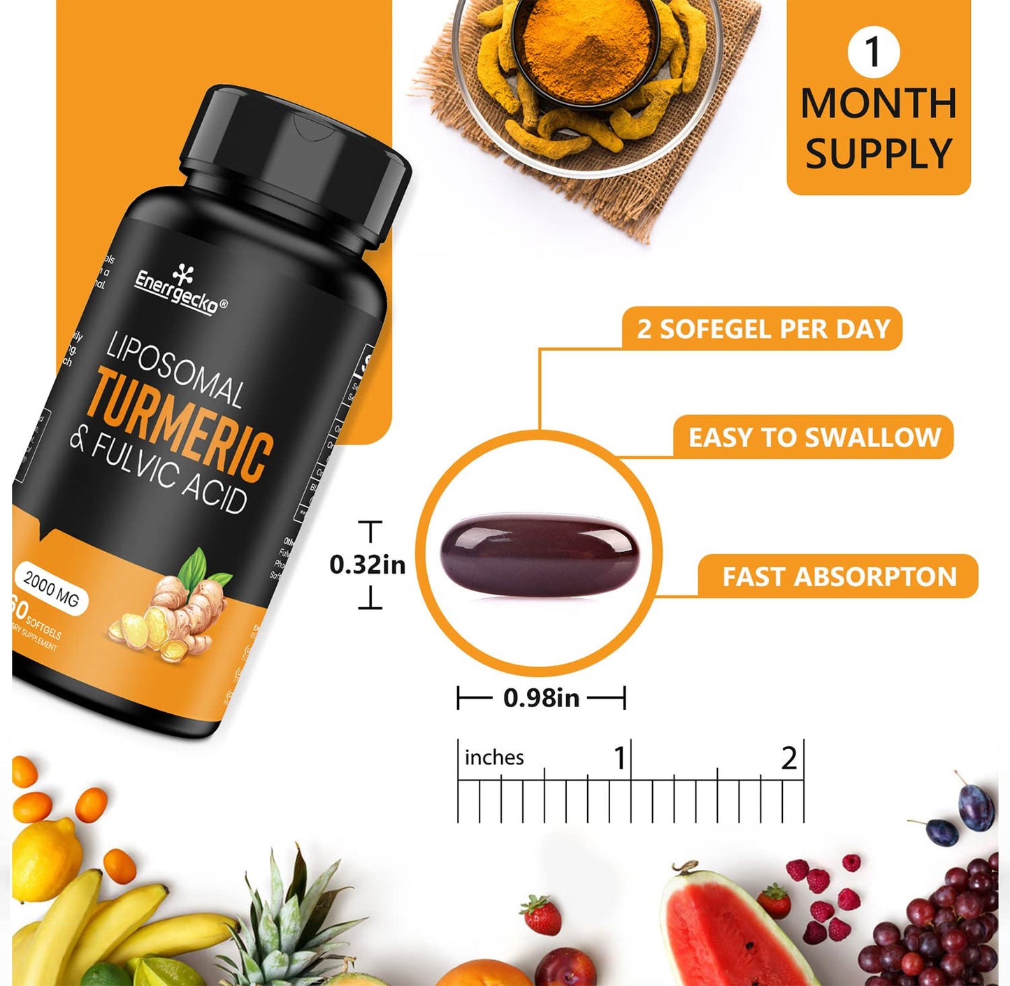 2000 mg Liposomal Turmeric Curcumin with Black Pepper & Ginger – Superior Absorption (60 Count)