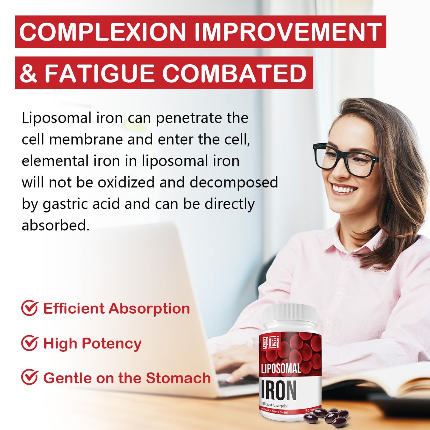 Liposomal Fe Iron Supplement for Women & Men - 65mg Iron with Folic Acid & B12 | 60 Softgels
