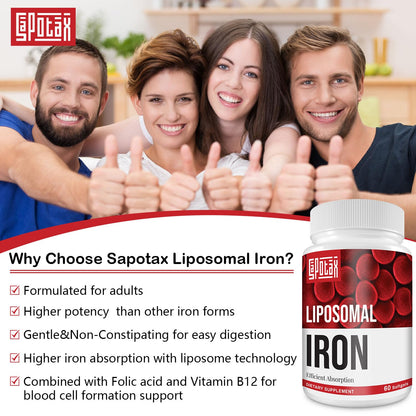 Liposomal Fe Iron Supplement for Women & Men - 65mg Iron with Folic Acid & B12 | 60 Softgels