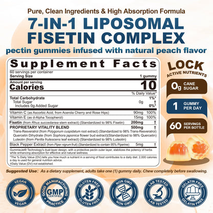 Liposomal Fisetin 200mg & Resveratrol 500mg Gummies – Longevity & Cellular Renewal | 1-A-Day, 60 Gummies