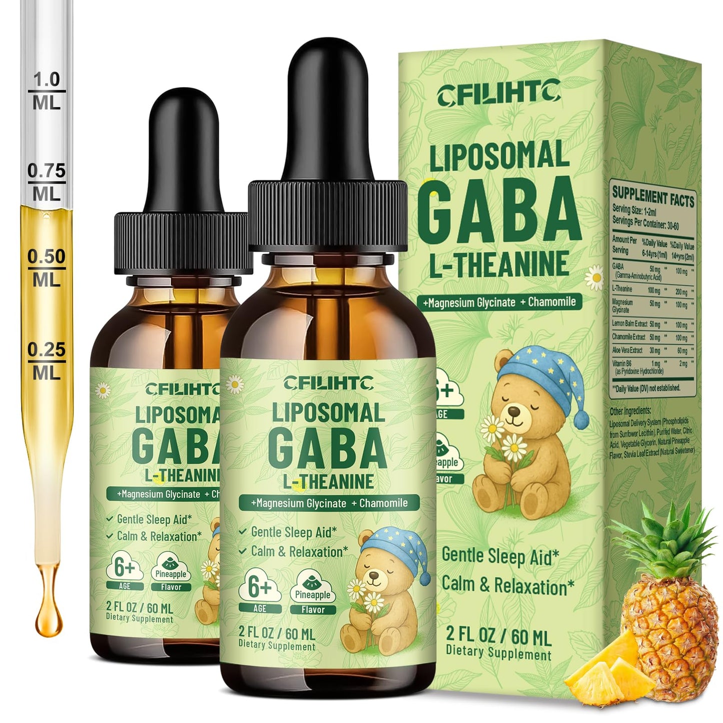 2 Pack Liposomal GABA L-Theanine Drops for Kids – Pineapple | Calm, Focus & Stress Relief