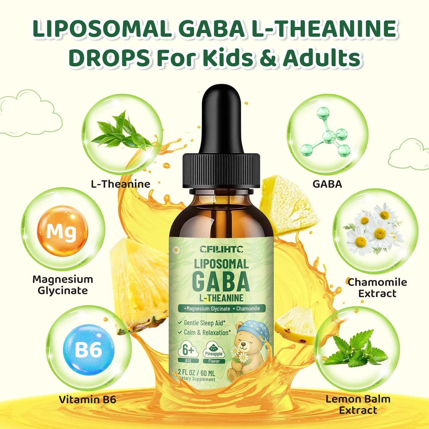 2 Pack Liposomal GABA L-Theanine Drops for Kids – Pineapple | Calm, Focus & Stress Relief