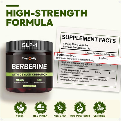 Liposomal GLP-1 Supplement for Metabolic Support - Berberine 600mg + Bergamot & Cinnamon - 180 Capsules (90-Day Supply)