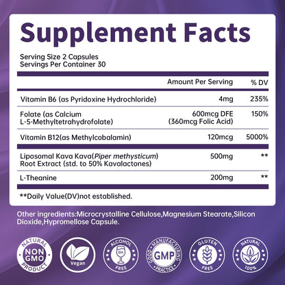 Kava Kava Root Extract - Liposomal Kava + L-Theanine, 50% Kavalactones, Sleep & Mood Support, 60ct