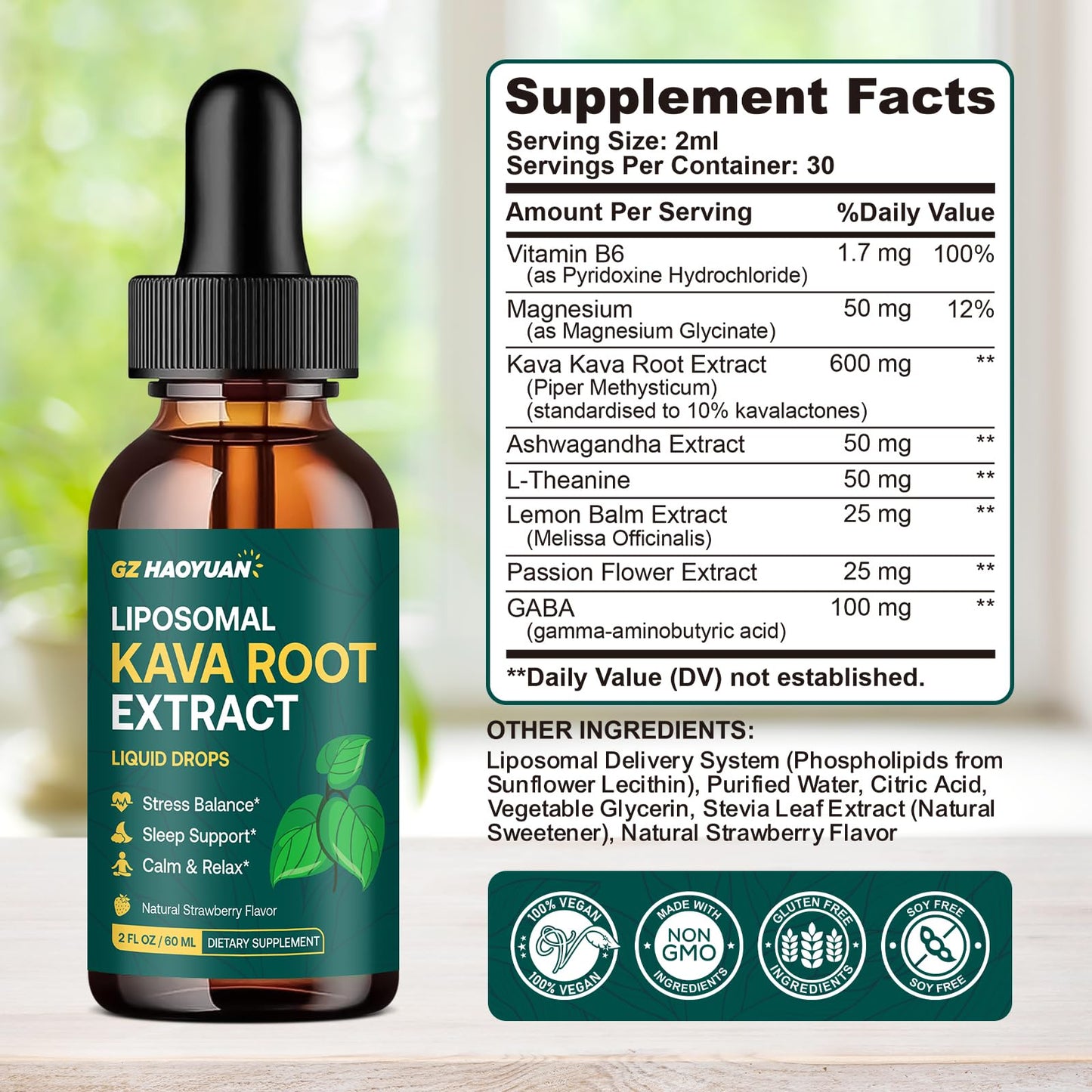 Liposomal Kava Kava Root Extract – High-Absorption Relaxation Drops | Vegan & Non-GMO, Strawberry Flavor