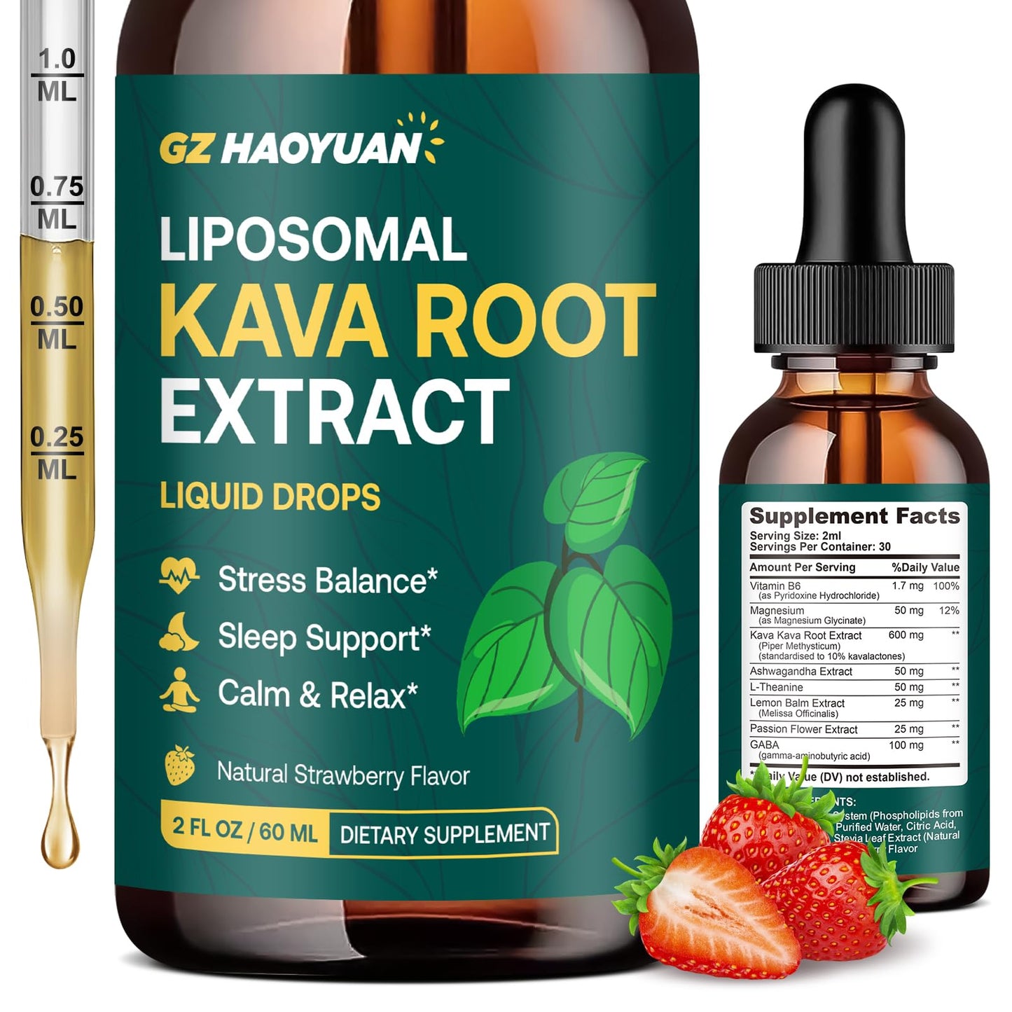 Liposomal Kava Kava Root Extract – High-Absorption Relaxation Drops | Vegan & Non-GMO, Strawberry Flavor